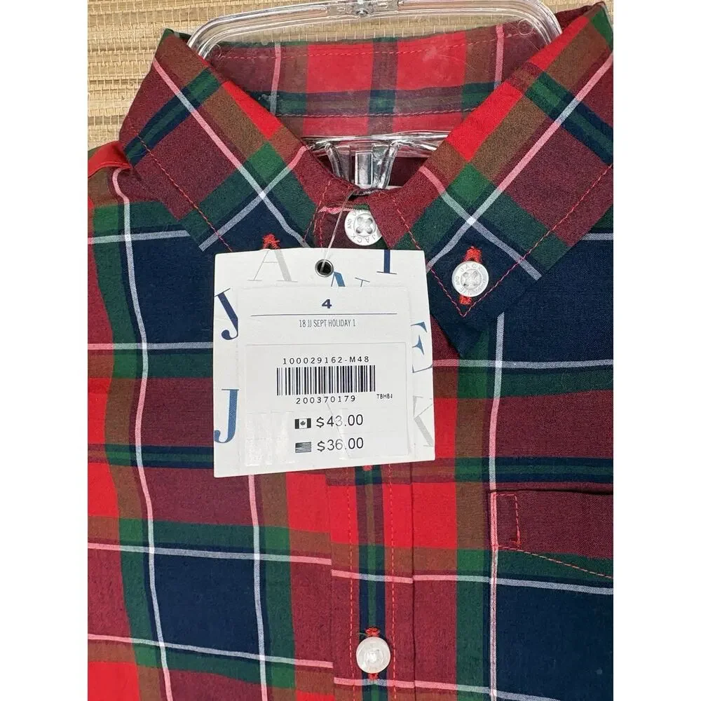 NWT Janie and Jack Boy’s Plaid Button Down Shirt 100% Cotton Red & Navy Sz 4